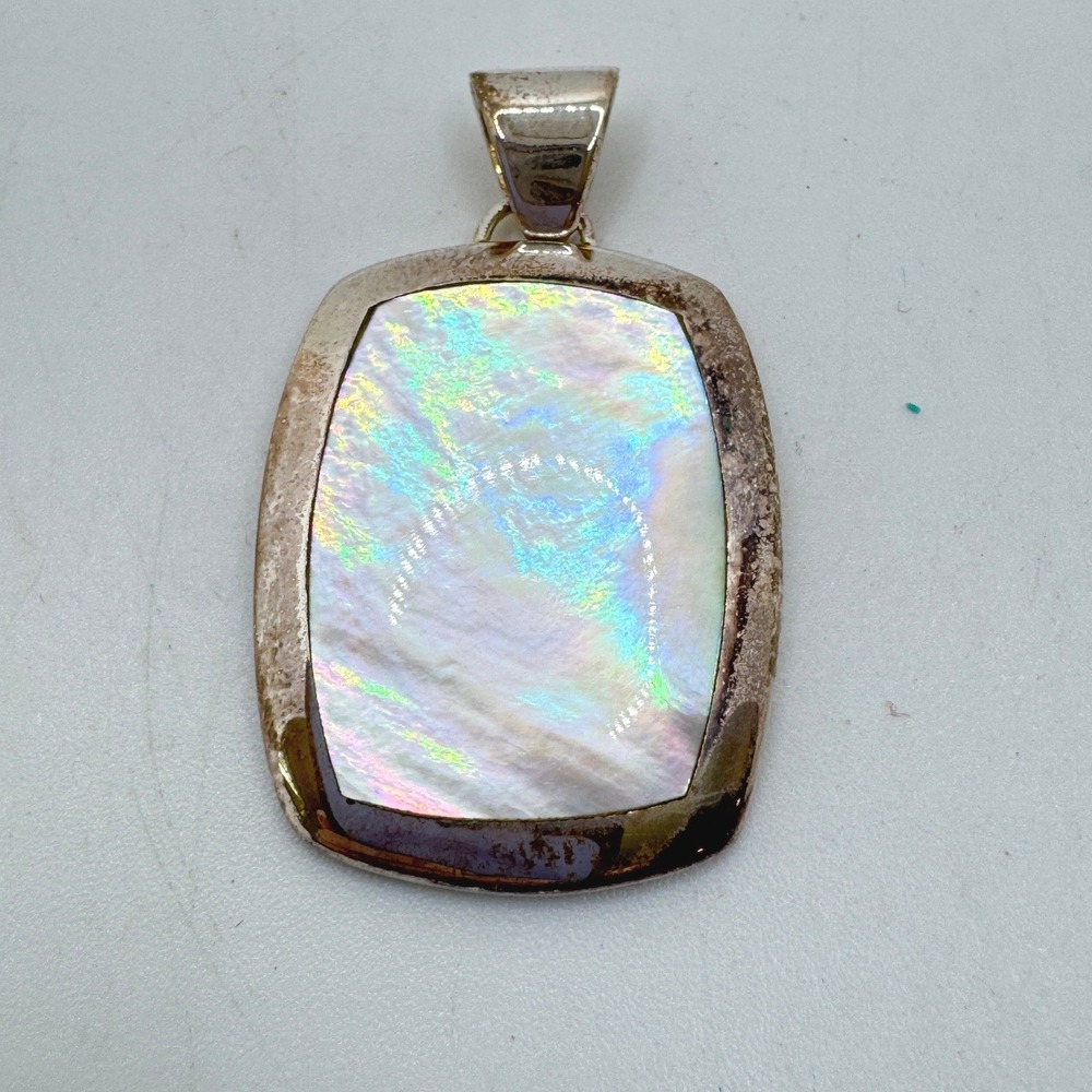 Mother of Pearl Sterling Silver 925 Rectangular Iridescent Shell Pendant